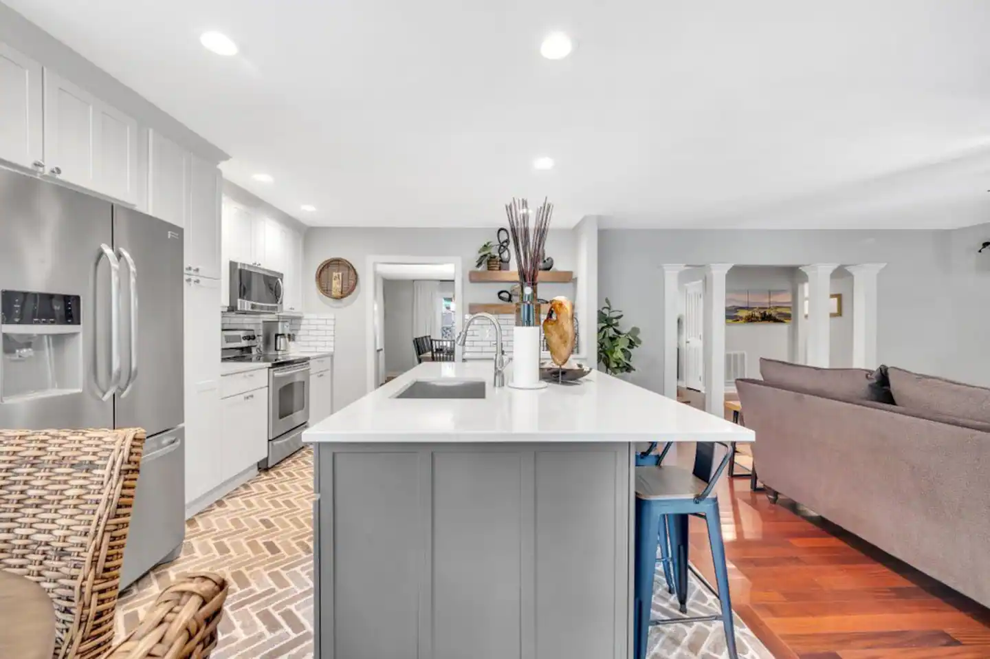 Barstools at the counter for additional guest seating at breakfast bar.