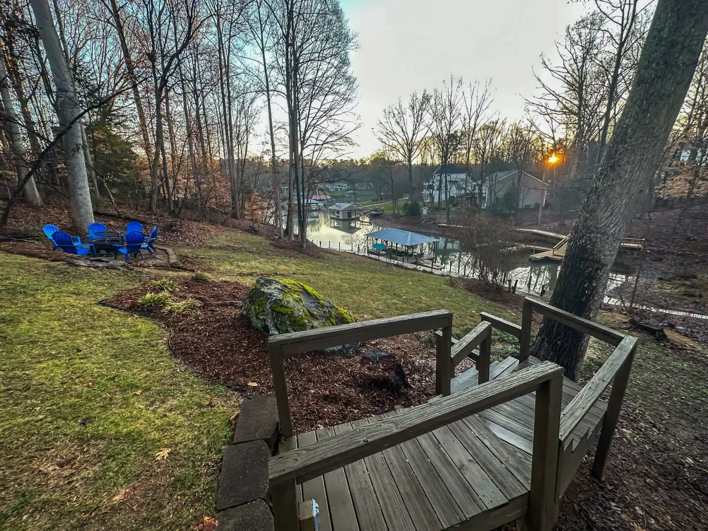 Backyard deck overlooking water